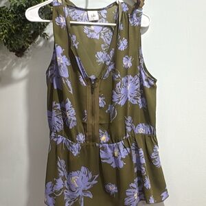 CAbi Olive and Purple Floral Blouse